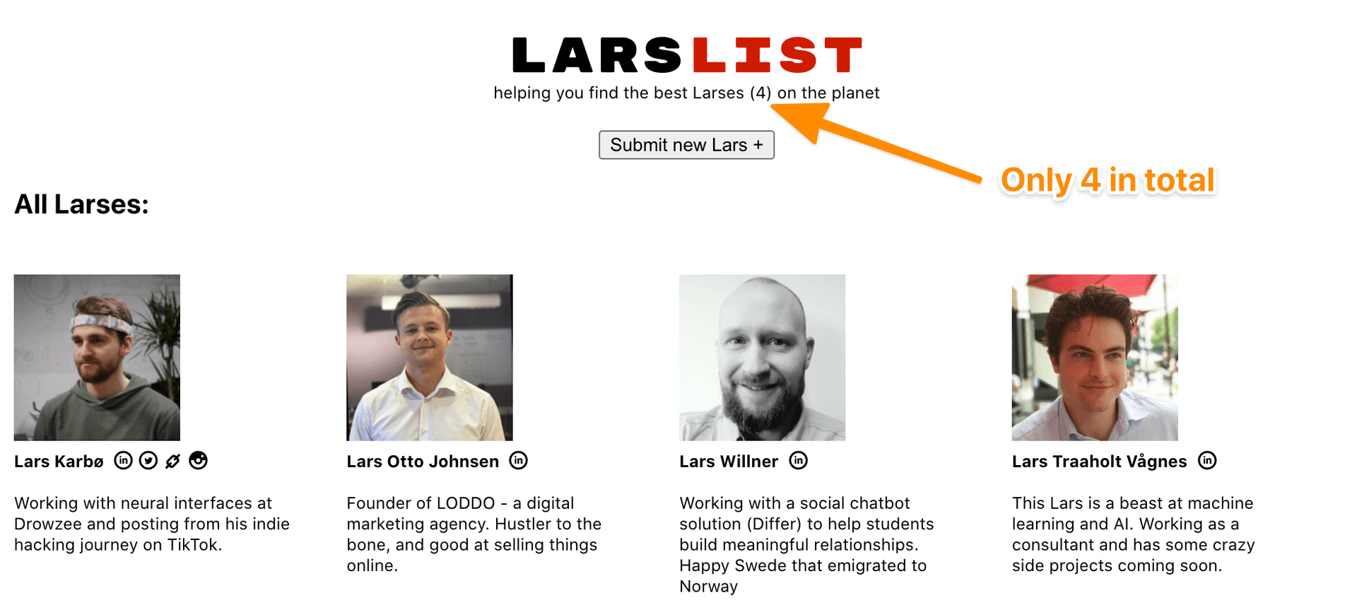 Screenshot of the first LarsList.org site
