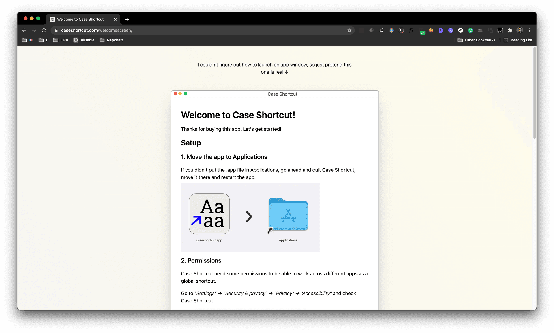 Screenshot of the Case Shortcut welcome screen